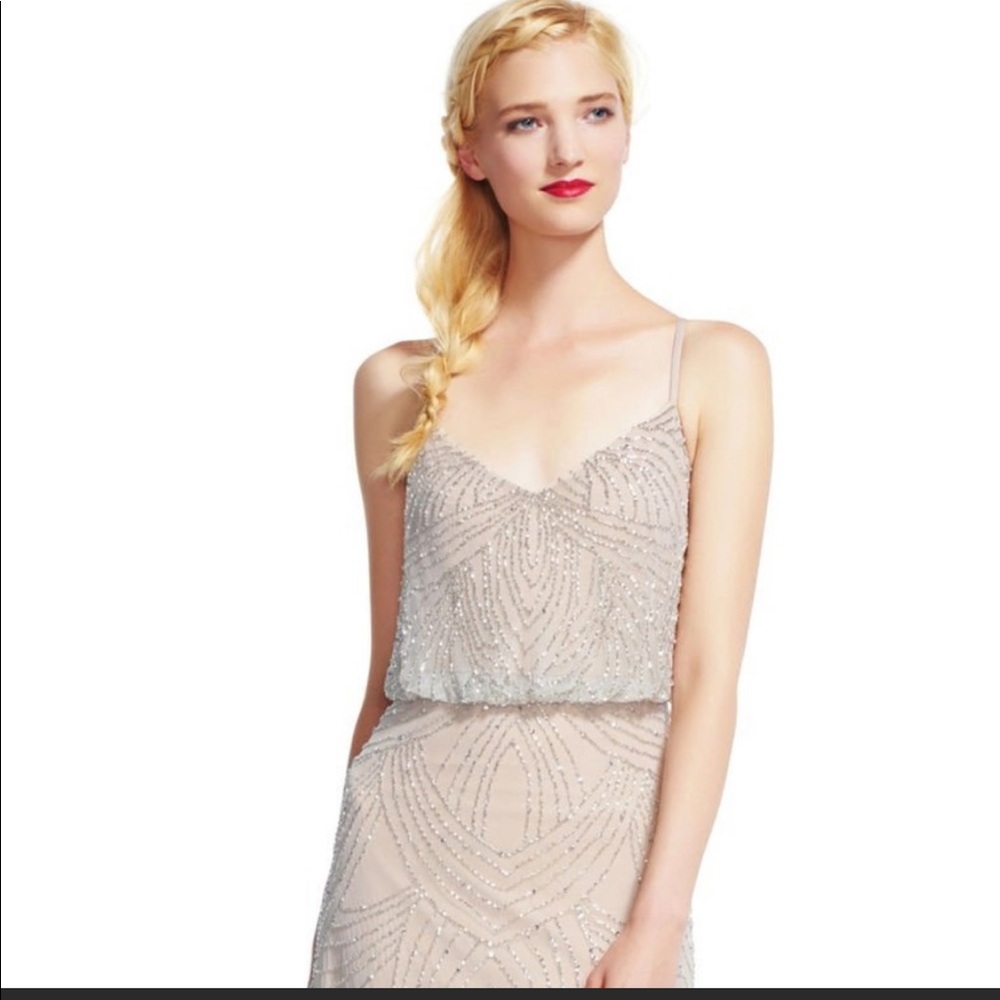 Adrianna Papell Beaded Blousan Gown Silver/Nude